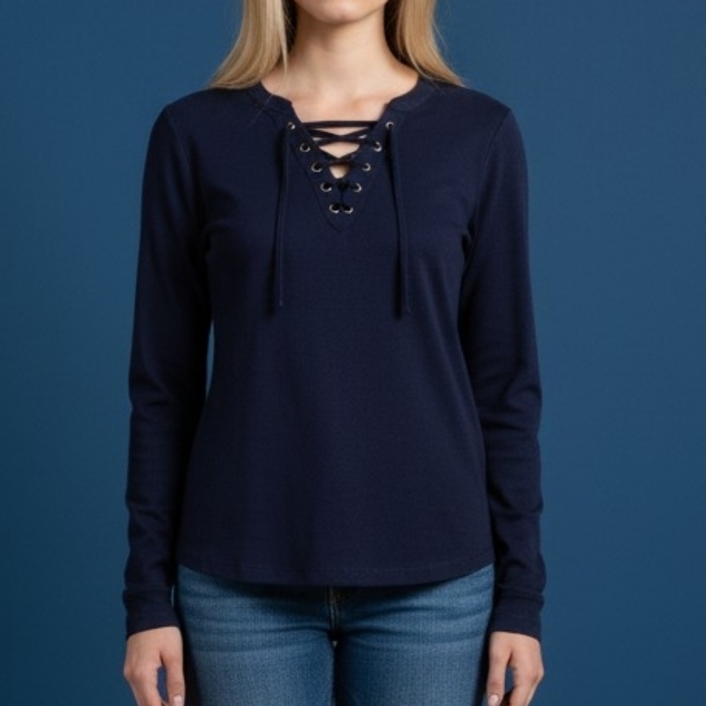 3/$20 Vintage Dark Blue Lace Up Long Sleeve Henley Top